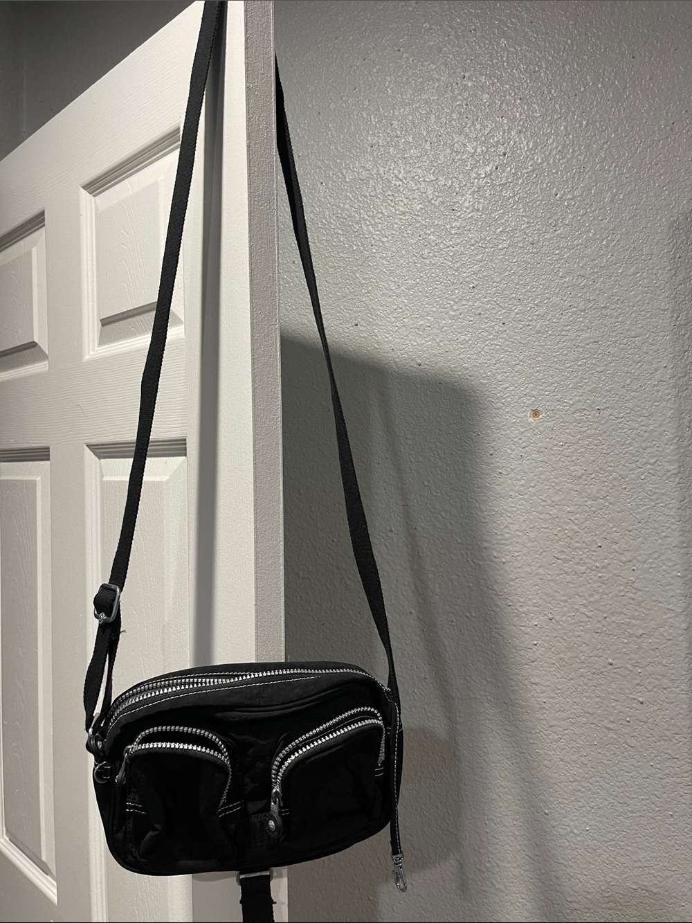 Kipling Black Nylon Crossbody Belt Bag with Silver Zippers